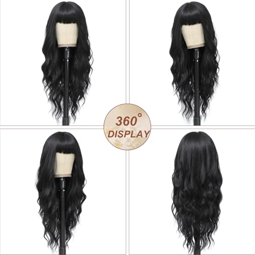 Black Wig with Bangs for Women Long Black Wavy Wigs 26 Inch Natural Black Wigs Natural Looking Heat Resistant Synthetic Wig for Daily Party Use