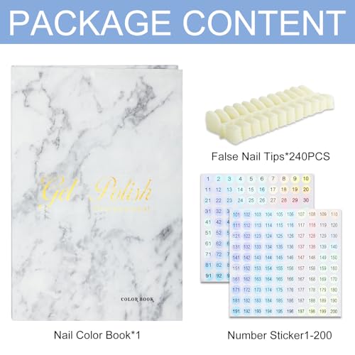 160 Nail Color Book,with 240 Nail Tips & 1-200 Number Stickers Labels,Professional Color Swatches Book for Polish UV Gel(White)
