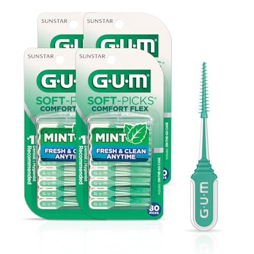 GUM Soft-Picks Comfort Flex, Mint, Easy to Use Dental Picks for Teeth Cleaning Health, Disposable Interdental Brushes with Convenient Carry Case, Dentist Recommended, 80 Count (Pack of 4)