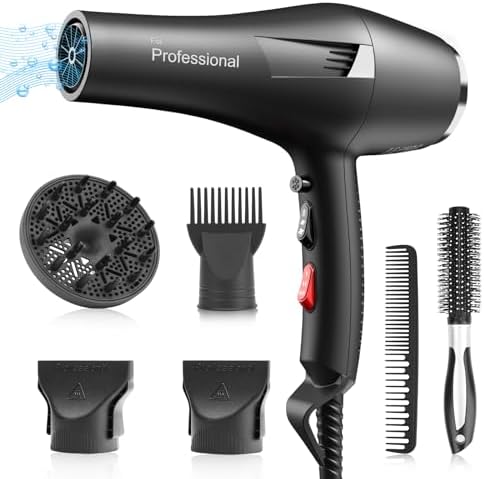 Ionic Salon Hair Dryer, Professional Blow Dryer AC Motor Fast Drying with 2 Speed, 3 Heat Setting, Cool Button, with Diffuser, Nozzle, Concentrator Comb for Curly & Straight Hair-Black