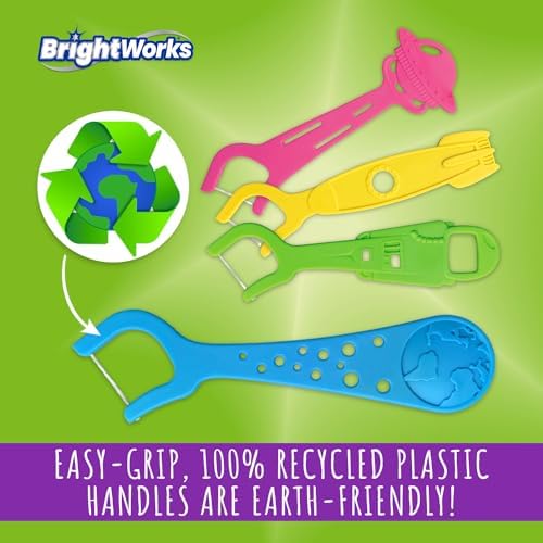 BrightWorks Kids Fun Space Flossers, Mixed Berry Flavor Fluoride [240 Floss Picks Total] Colorful Space Shapes: Astronaut, Rocketship, UFO, Earth. 100% Recycled Plastic Material. 80 Count (Pack of 3)