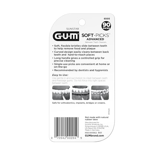GUM Soft-Picks Advanced, Easy to Use Dental Picks for Teeth Cleaning Health, Disposable Interdental Brushes with Convenient Carry Case, Dentist Recommended Dental Picks, 90 Count (Pack of 3)