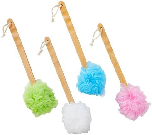 4 Pack Back Scrubber for Shower with Long Handle, Loofah on a Stick for Exfoliating, 4 Assorted Colors, 16 in - Body Scrubber - Loofah with Handle