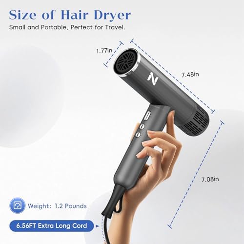Ionic Salon Hair Dryer with 3 Attachments, 1600W Professional Blow Dryer with 110000RPM High Speed Brushless Motor for Fast Drying, Lightweight, Low Noise, Locking Function, 4 Temps & 3 Speeds