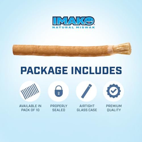 Imako Premium Miswak Toothbrush Sticks - Individually Vacuum Sealed with Travel Glass Case (10 Pack)