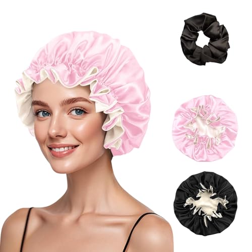 2Pcs Silk Bonnet for Sleeping Women - Reversible Double Layer Satin Bonnet with Adjustable Elastic Band, Night Hair Protection for Curly, Natural & Long Hair Black Pink Black Pink