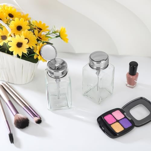 3 Pcs Clear Pump Dispenser Bottle Push Dispenser with Metal Flip Cap 180ml Glass Dispenser Pressure Container Refillable for Dispensing Nail Polish Remover Alcohol Toner and Makeup Remover