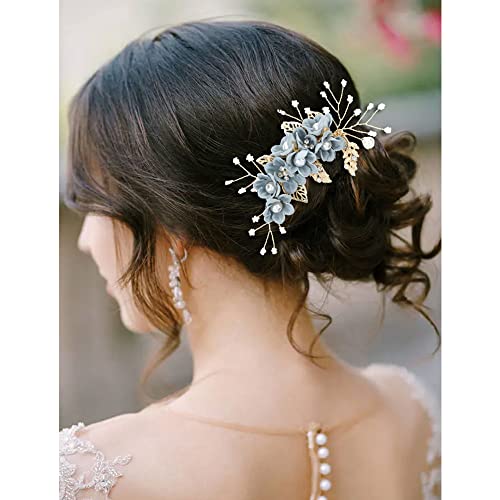 inSowni 20 Pack Classy Dusty Blue Flower Bridal Wedding Hair Side Combs+Floral Hair Pins+Twist Spiral Pearl Hair Pins Clips Pieces Formal Prom Headpieces Accessories for Brides Bridesmaids Women Girls