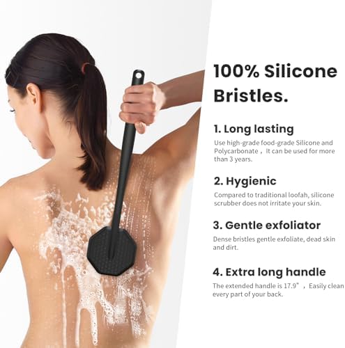 iTokGoK® Premium Silver-Infused Silicone Back Scrubber with Long Handle Back Brush for Shower,Back Brush Long Handle for Men and Women,Ergonomic No-Slip Handle, Long-Lasting (Black)
