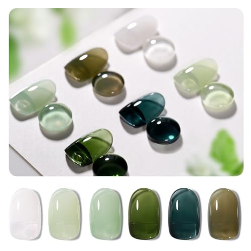 GAOY Jelly Green Gel Nail Polish Set, 6 Transparent Colors Sheer White, UV Light Cure Gel Polish for Salon and Nail Art DIY at Home