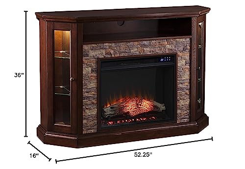SEI Furniture Redden Faux Stone Corner Convertible Electric Fireplace with Media Storage, New Espresso