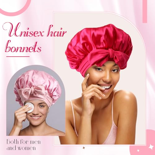 JaGely 4 Pcs Satin Bonnet for Sleeping Women Double Layer Tie Hair Bonnet Large 2 Layered Silk Sleeping Cap with 8 Pcs Hair Scrunchies(Pink Color)