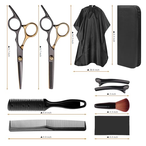Hair Cutting Scissors Kit, Hair Scissors Professional Haircut Scissor with Stainless Steel Barber Shears, Thinning Shears, Haircut Accessories in Leather Case for Salon/Home- 10PCS Gold Black
