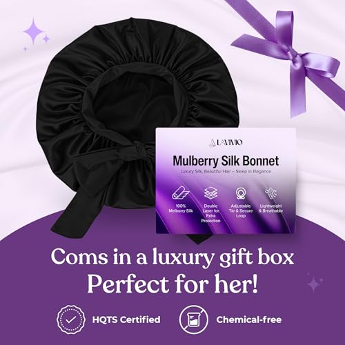 100% Mulberry Silk Bonnet for Sleeping Women – Double-Layered 22 Momme Silk Hair Wrap – Adjustable Non-Slip Tie – Reduces Frizz & Preserves Style – Gift Boxed, HQTS-Certified (Black)
