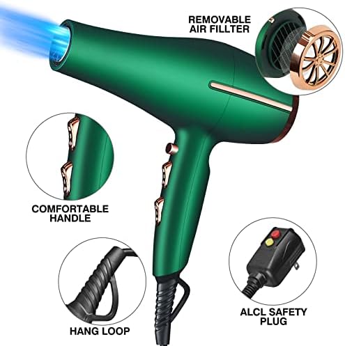 2000 Watt Negative Ionic Hair Dryer, Professional Salon Blow Dryer, Low Noise Fast Drying & Powerful AC Motor and Diffuser Comb for Men Women,3 Heat & 2 Speed Settings, Easy to Use- Green