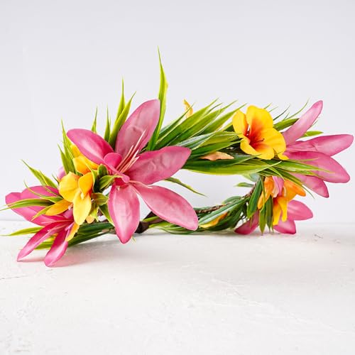 Hawaiian Leis Flower Crown - Artificial Tropical Flower Headpiece Hawaii Floral Headband with Ribbon Lei Luau Dress Up Hair Accessories for Luau Party Costume Beach Pool Vacation Decorations