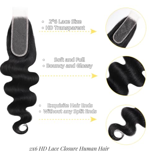 2x6 HD Lace Closure Body Wave Human Hair Transparent 2 by 6 HD Lace Closure 14Inch 100% Brazilian Virgin Unprocessed Middle Part Human Hair Kim K Closure With Baby Hair Natural Color