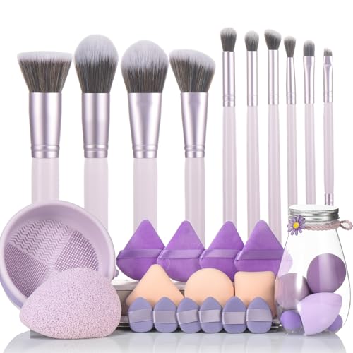 31pcs Makeup Brushes Purple And Makeup Sponges And With Tools Combination Wooden Make up Brushes For Girls Silicone Makeup Brush Cleaner Bowl Professional Makeup Brush Sets For Women(Purple 31pcs)