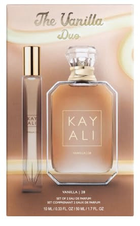 Huda Kayali Beauty The Vanilla Duo Limited Edition Gift Set: Vanilla | 28 Eau De Parfum Full Size (1.7 fl oz / 50 ml) and Travel Size Spray (0.33 fl oz / 10 ml)