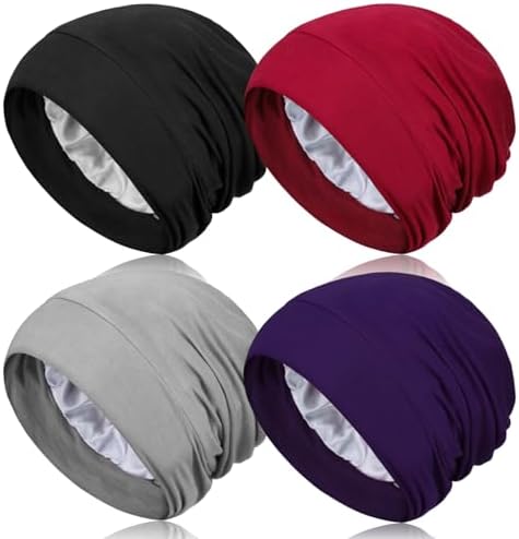 4 Pieces Satin Lined Sleep Bonnet - Adjustable Sleeping Cap Slouchy Beanie Hat for Curly Hair