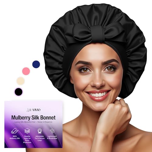 100% Mulberry Silk Bonnet for Sleeping Women – Double-Layered 22 Momme Silk Hair Wrap – Adjustable Non-Slip Tie – Reduces Frizz & Preserves Style – Gift Boxed, HQTS-Certified (Black)