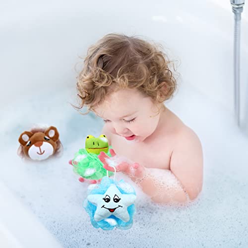 16 Pcs Kids Bath Loofahs Bulk Animal Cartoon Bath Sponge Cute Pouf Mesh Body Loofah Colorful Exfoliating Scrubber Shower Ball for Kids Toddler Boys Girls Adults