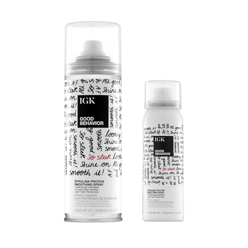 IGK GOOD BEHAVIOR Spirulina Protein Smoothing Spray Travel Bundle | Keratin Like Treatment + Frizz Control + Heat Protectant | Vegan + Cruelty Free | (5.6 Oz + 2.4 Oz)