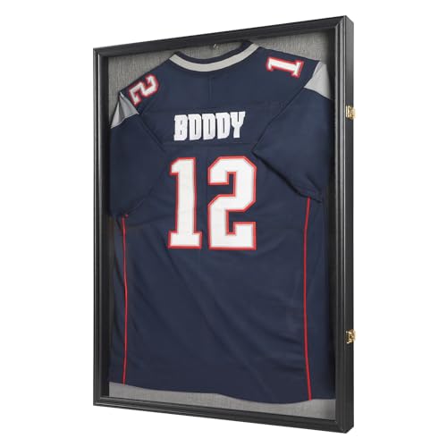 IHEIPYE Large Jersey Frame Display Case Lockable, Sport Jersey Shadow Box with 98% UV Protection Acrylic and Hanger for Baseball Basketball Football Soccer Hockey Sport Shirt and Uniform, Linen Black