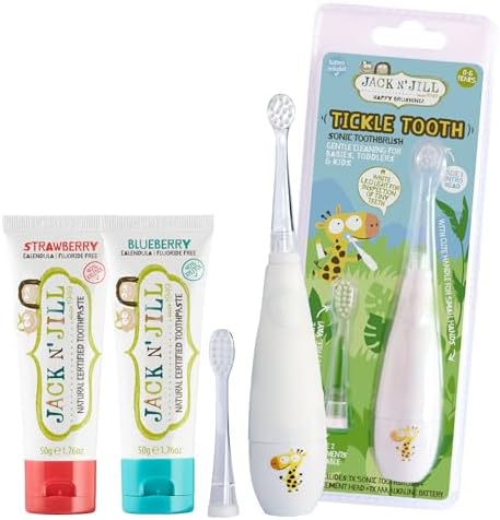 Jack N' Jill Tickle Tooth Toddler Toothbrush & Toothpaste Set - Baby Electric Toothbrush, Natural Toothpaste for Kids, Made for Tiny Teeth, Organic Fruit Flavor (Strawberry & Blueberry)