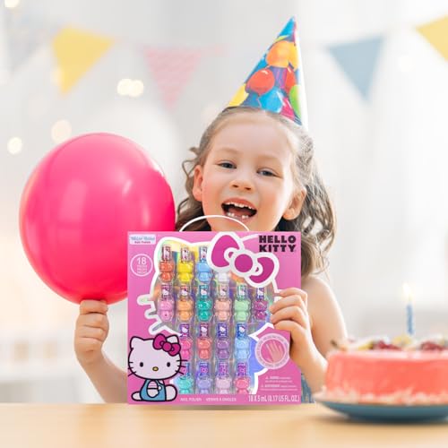 Hello Kitty Non-Toxic Peel-Off Water-Based Safe Quick Dry Nail Polish Set for Girl Kids Ages 3+, Perfect for Birthday Gift Parties, Sleepovers & Makeovers, 18 Pcs