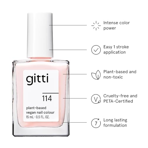gitti Plant-based Nail Polish I Non-Toxic, 30-Free, Based On Natural Origin Ingredients, Cruelty-Free, Vegan, High Performance Colors, Glossy Finish, Shade no. 114 Pink Sheen (0.5 fl oz)