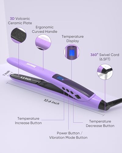 1" Ceramic Flat Iron With Vibrating Plates, Dual Voltage Travel Hair Straightener for Women - Ionic & Volcanic Mineral Technology to Lock in Moisture, Straightener and Curler, 10 Heat Settings