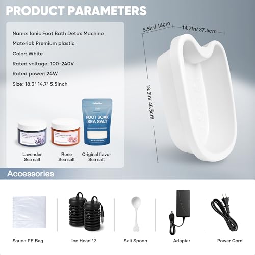 Ionic Foot Bath Detox Machine, Premium Ion Foot Spa for Home Use, Includes 3 Sea Salts (Original/Rose/Lavender), Basin, 2 Ion Arrays & Accessories, Perfect for Parents/Seniors/Partner/Self, White