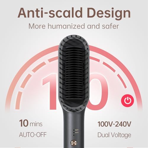 Hair Straightener Brush, Hair Straightener Comb Straightening Brush for Women, 30s Fast Heating & Dual Voltage, Grey