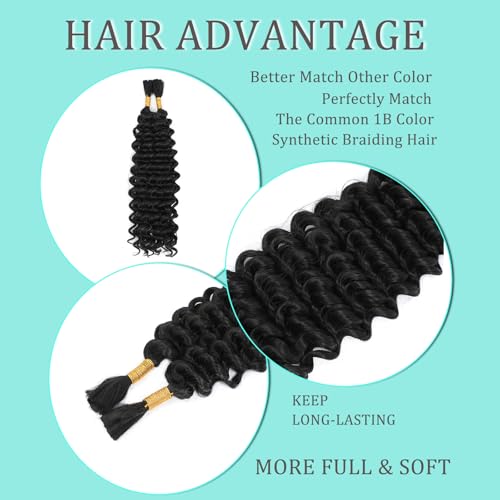 Human Braiding Hair Mix Synthetic Curly Boho Hair for Braiding, 20 Inch Boho Braids 4 Bundles 110g/Bundle Wet and Wavy Deep Wave Bulk Extensions for Black Women (1B, 20 Inch 4 Bundles)