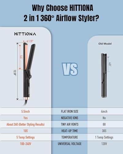 360° Airflow Styler Curling Iron, 2 in 1 Hair Straightener and Curler with Vented Cool Air to Lock in Style, 1.25 Inch Extra Long Flat Iron Curling Iron in One, Dual Voltage for Travel, LCD Display