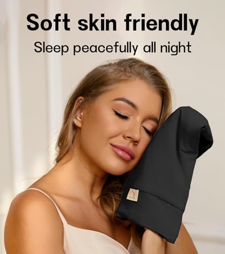 100% Mulberry Silk Bonnet for Sleeping for Curly Hair and Braids, Wrap with Adjustable Strap for Women and Men,Real Silk, Not Satin（1Pc,Black）