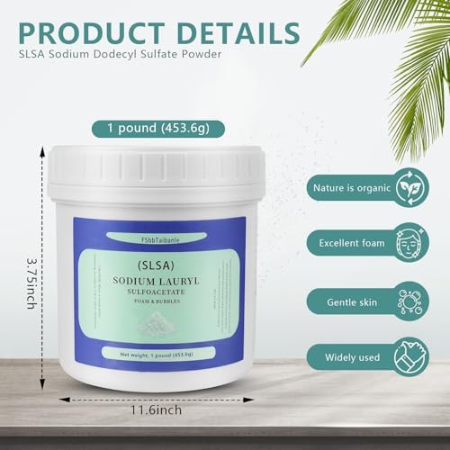 1 Pound of SLSA Powder for Bath Bomb Making, Premium Sodium Lauryl Sulfoacetate Powder, Sodium Lactate for soap Making, Gentle on The Skin. Suitable for Bath TrufflesCrafting Bath Bombs and More