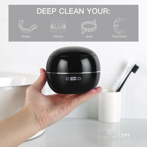 Dental Ultrasonic Retainer Cleaner Machine: 45kHz Dental Cleaning Pod for Denture, Aligner, Mouth Guard, Night Guard, Braces & Jewelry, UV Denture Cleaner with Digital Timer & Dual Mode 250ML Black
