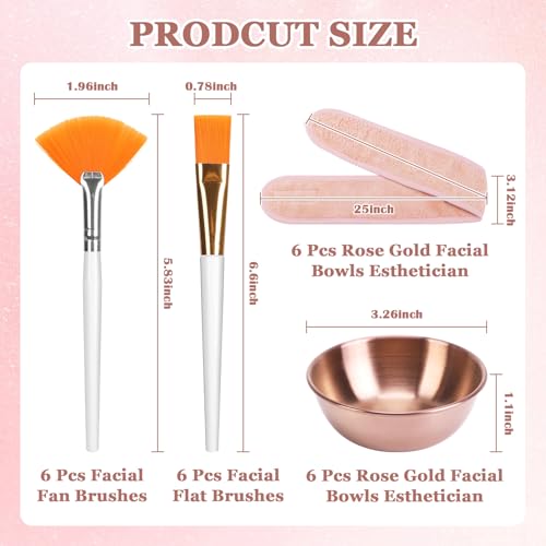 24Pcs Esthetician Supplies for Facials Set 6 Rose Gold Facial Bowls Esthetician 6 Facial Headbands 6 Facial Fan Mask Brushes & 6 Flat Brushes for Women Facial Mask Mixing Kit Facial Tools