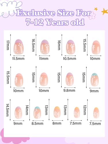 26 Pieces Press on Nails for Kids, EBANKU 1 Pack Kid Fake Nail Pink Flower Press on Nails for Girls 5-12 Years with Nail Glue