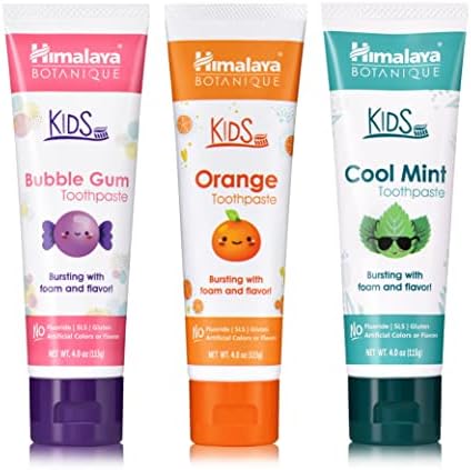 Himalaya Botanique Kids Toothpaste with Xylitol, Variety Pack of Bubble Gum, Orange & Cool Mint - Fluoride Free Toothpaste - Vegan, Gluten Free, No Artificial Flavors or Colors, 4 oz (Pack of 3)