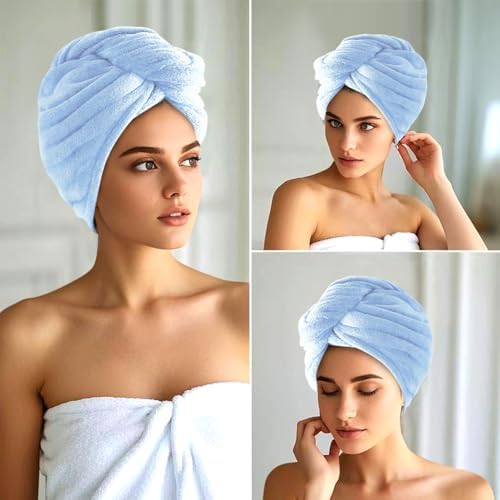 2 Packs Single Layer Microfiber Hair Turbans - Drying Wrap for Women (Blue,Light Green)