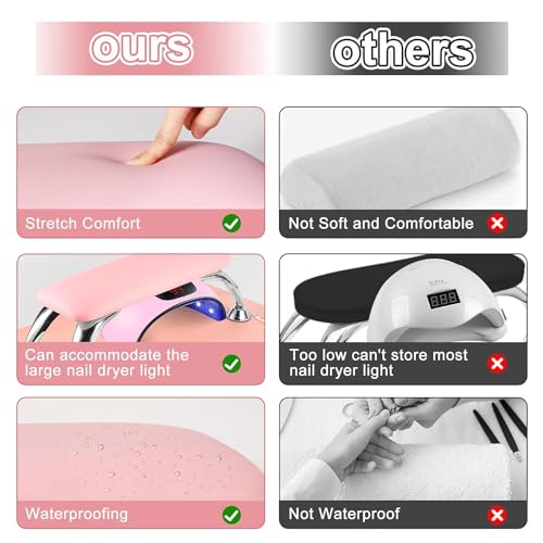 Big Arm Rest for Nails Cushion, Microfiber Leather Nail Arm Rest, Soft Hand Rest for Nails Toenails, Removable Nail Hand Rest with Installation Tools and Manicure Tools (Pink)