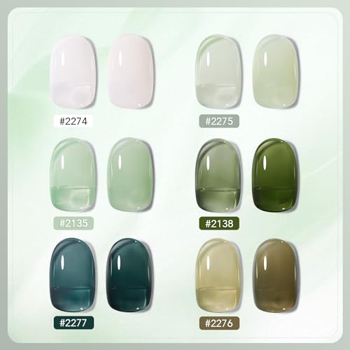 GAOY Jelly Green Gel Nail Polish Set, 6 Transparent Colors Sheer White, UV Light Cure Gel Polish for Salon and Nail Art DIY at Home