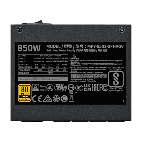 Cooler Master V850 SFX Gold ITX SFF Modular Power Supply, ATX 3.1 90° 12VHPWR|600W PCIe 5.1, 850W 80Plus Gold, Supports RTX 5080|RX 9070 XT, Customized Cable, 100mm|3.9", 10-Year