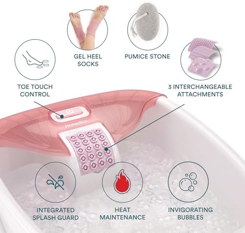 Homedics Bubble Bliss® Deluxe Footbath Gift Set – Heated Foot Spa with Invigorating Bubbles, 3 Massage Attachments, Pumice Stone, Moisturizing Heel Socks & Splash Guard for Ultimate Relaxation