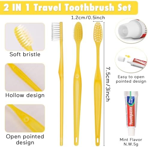 HOFASON Disposable Toothbrushes with Toothpaste Pack of 200, Yellow Hollow Travel Toothbrush Set with 5g Toothpaste Individually Wrapped Toothpaste Bulk for Homeless, Nursing Home, Shelter, Hotel