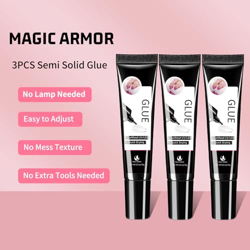 3Pcs Solid Nail Glue Gel for Press On Nail, No UV Lamp, Super Strong, Quick Drying, Semi Solid, Long Lasting, Clear/Transparent (15g x3)