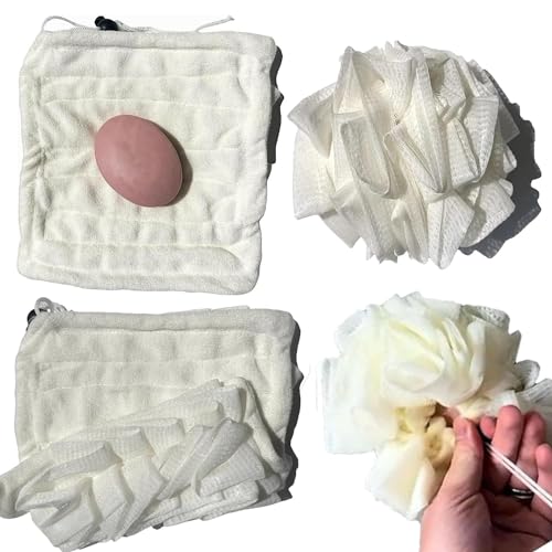 2 in 1 Loofah Washcloth with Soap Pocket & Drawstring, Exfoliating Mesh Shower Scrubber Glove for Body Wash – Soft Reusable Bath Sponge for Men & Women(Purple)